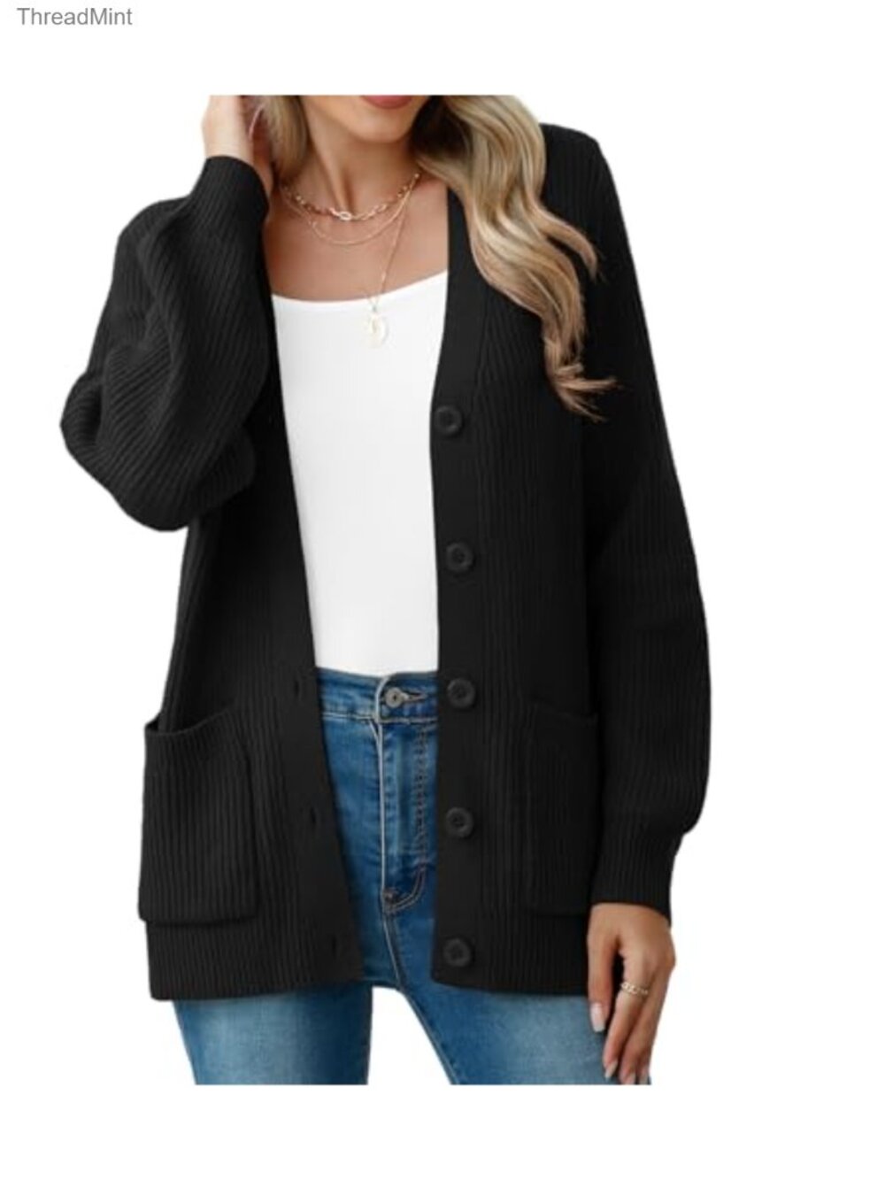 Chunky Knit Button Up V Neck Cardigan Sweater Coat with Pockets